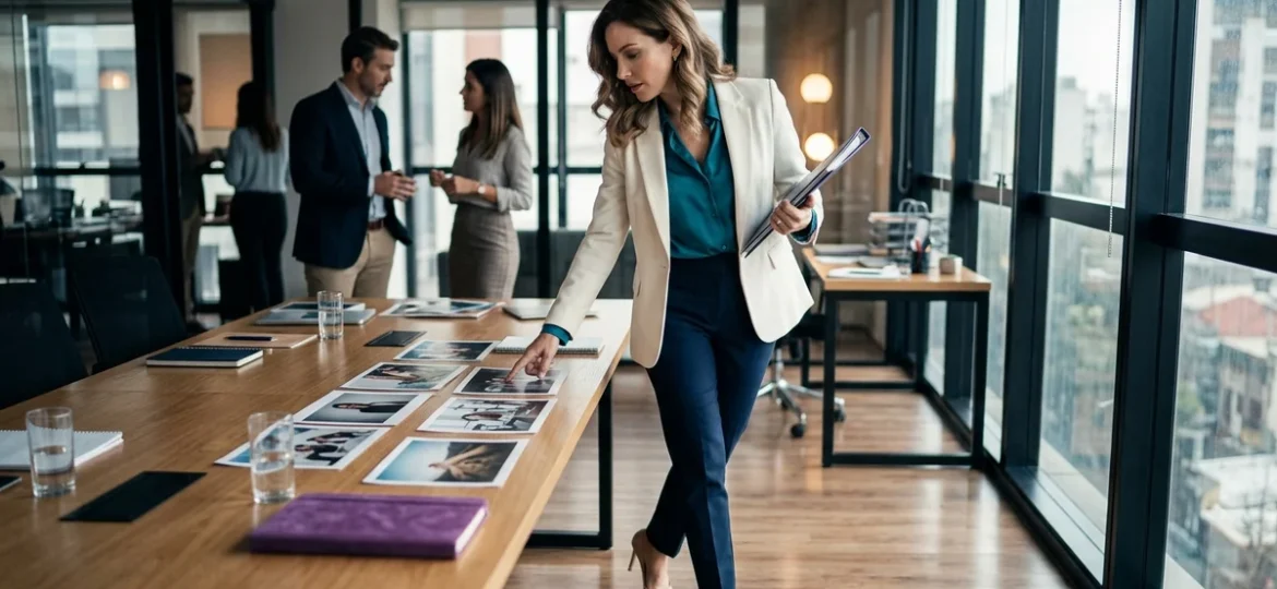 Directora de marketing en blazer marfil y stilettos evaluando pruebas fotográficas en una luminosa oficina corporativa.