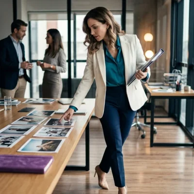 Directora de marketing en blazer marfil y stilettos evaluando pruebas fotográficas en una luminosa oficina corporativa.