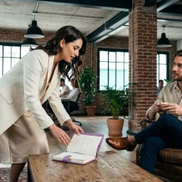 Profesionales debatiendo proyectos inmobiliarios en el lounge de una oficina moderna con sillones de cuero.