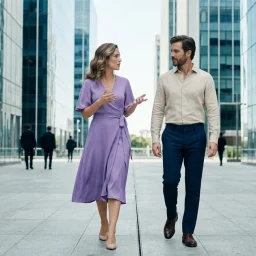 Profesionales debaten estrategias caminando por una plaza urbana moderna entre torres corporativas al mediodía.