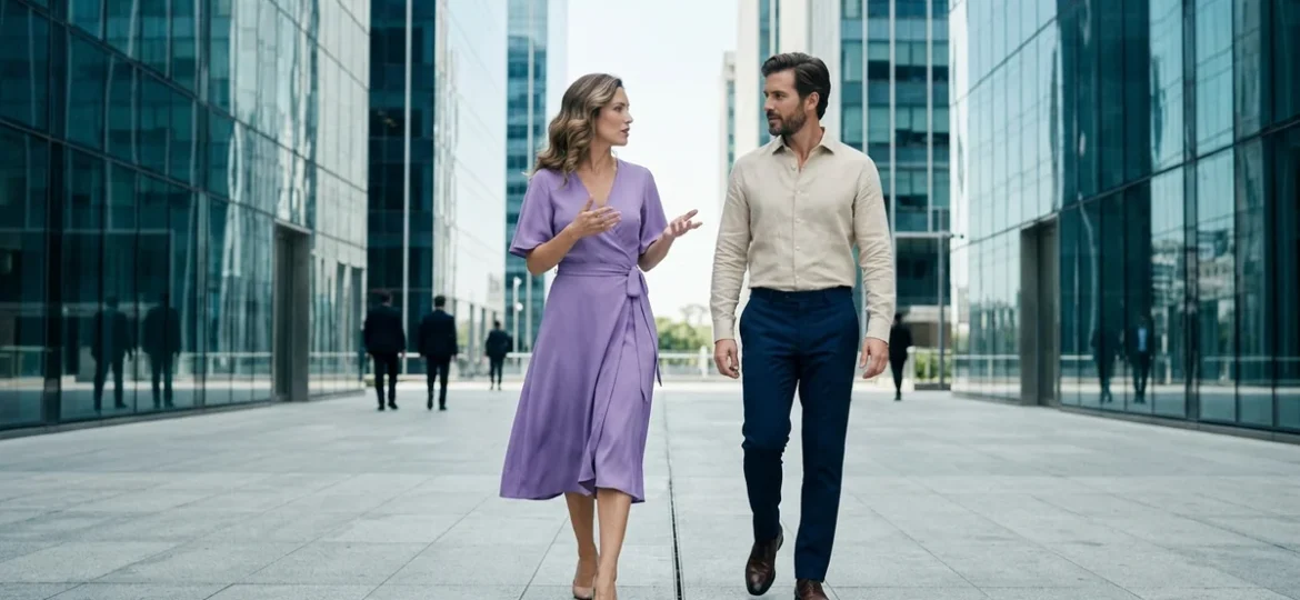 Profesionales debaten estrategias caminando por una plaza urbana moderna entre torres corporativas al mediodía.