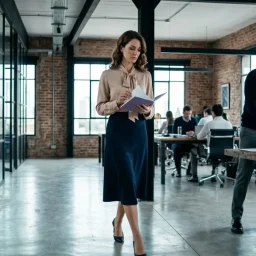 Profesional caminando en una oficina industrial con falda midi y blusa de seda mientras revisa una carpeta.