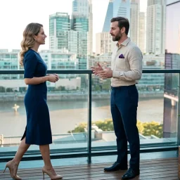 Profesionales conversando en un rooftop al atardecer frente al río durante un encuentro de negocios y networking.