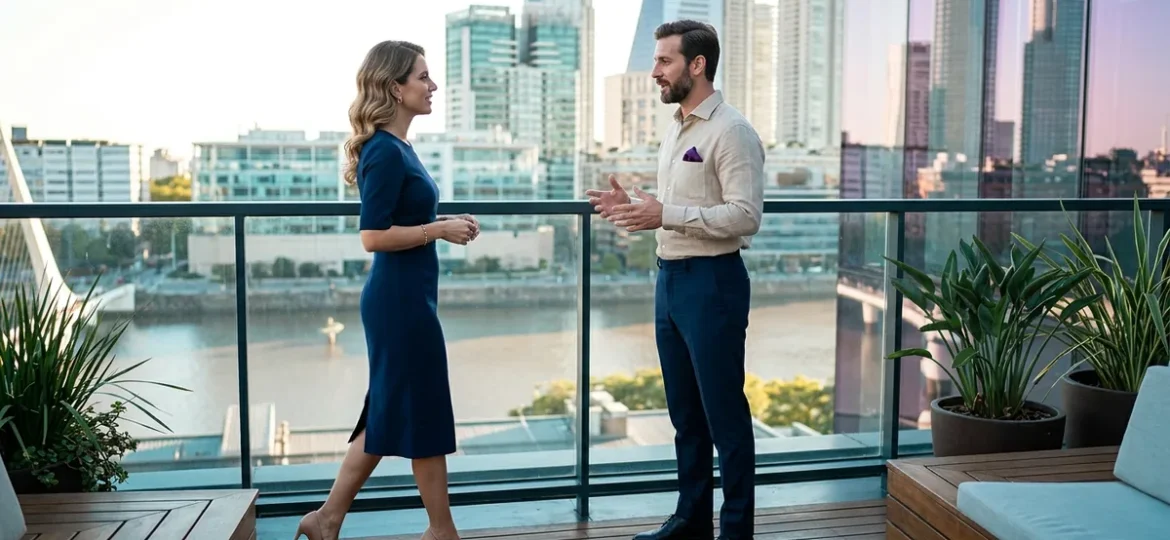 Profesionales conversando en un rooftop al atardecer frente al río durante un encuentro de negocios y networking.