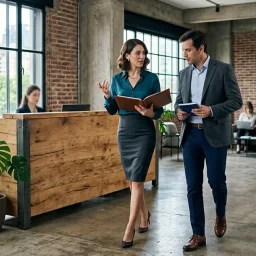 Profesionales conversan con carpetas en la recepción de diseño industrial de una oficina inmobiliaria moderna.
