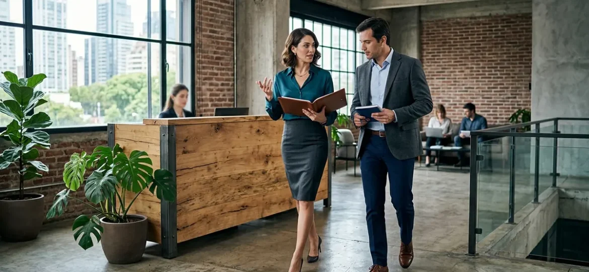 Profesionales conversan con carpetas en la recepción de diseño industrial de una oficina inmobiliaria moderna.