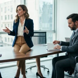 Consultora y directivo en una sala corporativa de Buenos Aires analizando documentos en una mesa de reuniones.