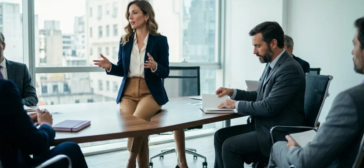 Consultora y directivo en una sala corporativa de Buenos Aires analizando documentos en una mesa de reuniones.