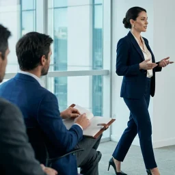 Capacitadora ejecutiva con blazer azul y tacones dialoga con corredores inmobiliarios en una sala de conferencias.