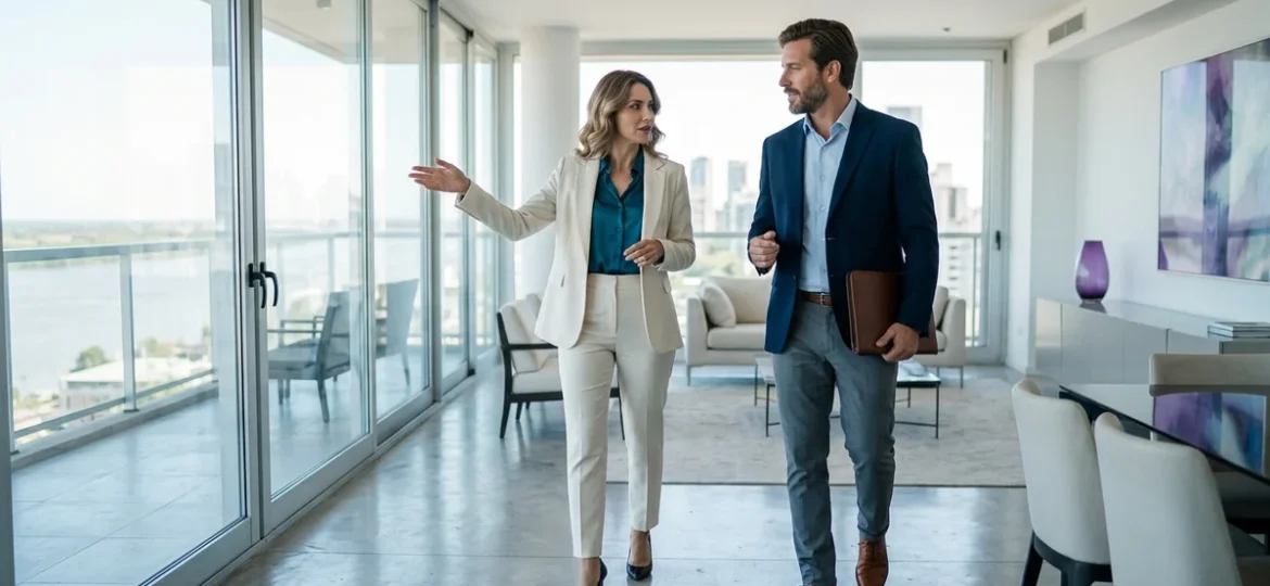 Asesora inmobiliaria y cliente recorriendo un departamento moderno durante una reunión de captación exclusiva.