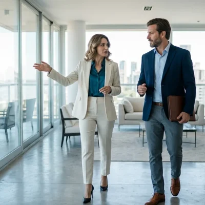 Asesora inmobiliaria y cliente recorriendo un departamento moderno durante una reunión de captación exclusiva.