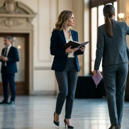 Dos mujeres de traje sastre caminan por el pasillo elegante de un teatro antes de una conferencia de negocios.