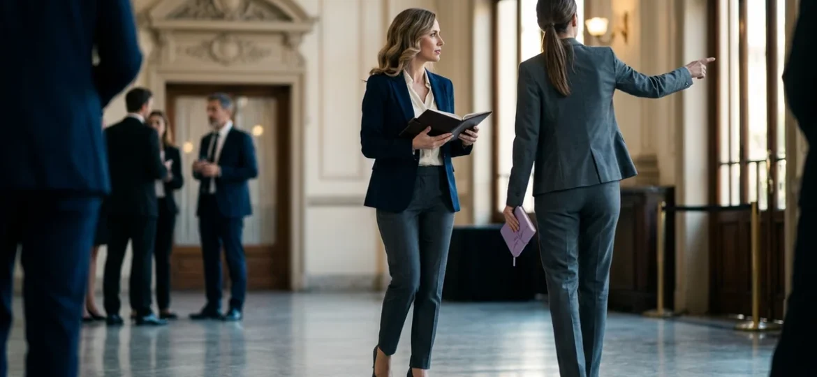 Dos mujeres de traje sastre caminan por el pasillo elegante de un teatro antes de una conferencia de negocios.