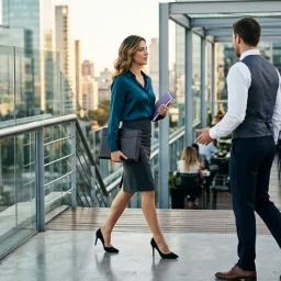 Profesionales inmobiliarios conversando en una terraza corporativa con vista a la ciudad durante la hora dorada.