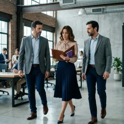 Profesionales inmobiliarios conversando y caminando en una moderna oficina industrial con grandes ventanales.