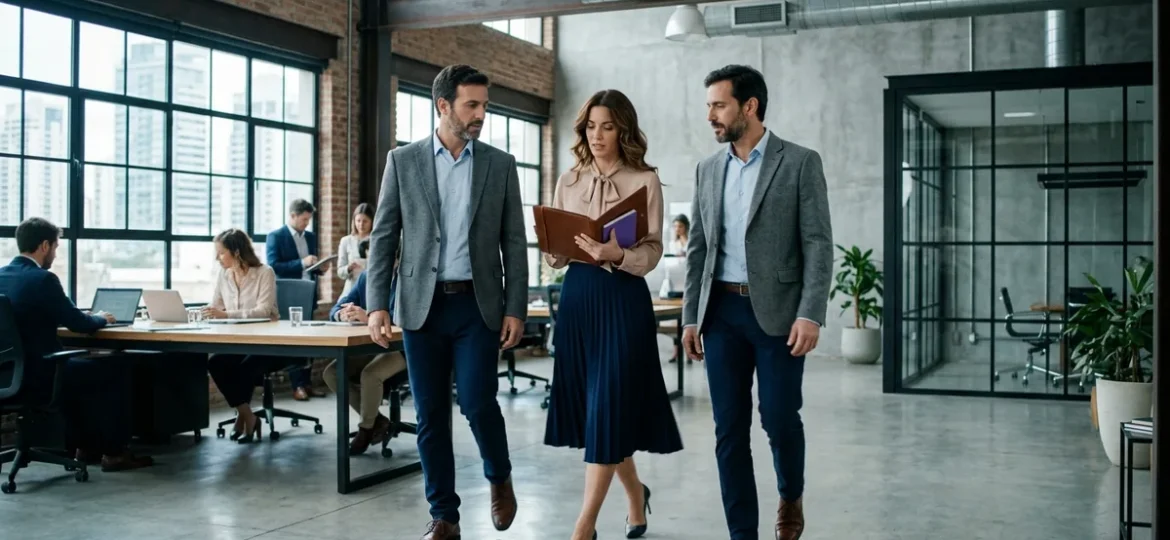 Profesionales inmobiliarios conversando y caminando en una moderna oficina industrial con grandes ventanales.