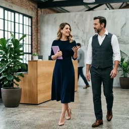 Profesionales inmobiliarios conversando al caminar por una moderna recepción de estilo industrial.
