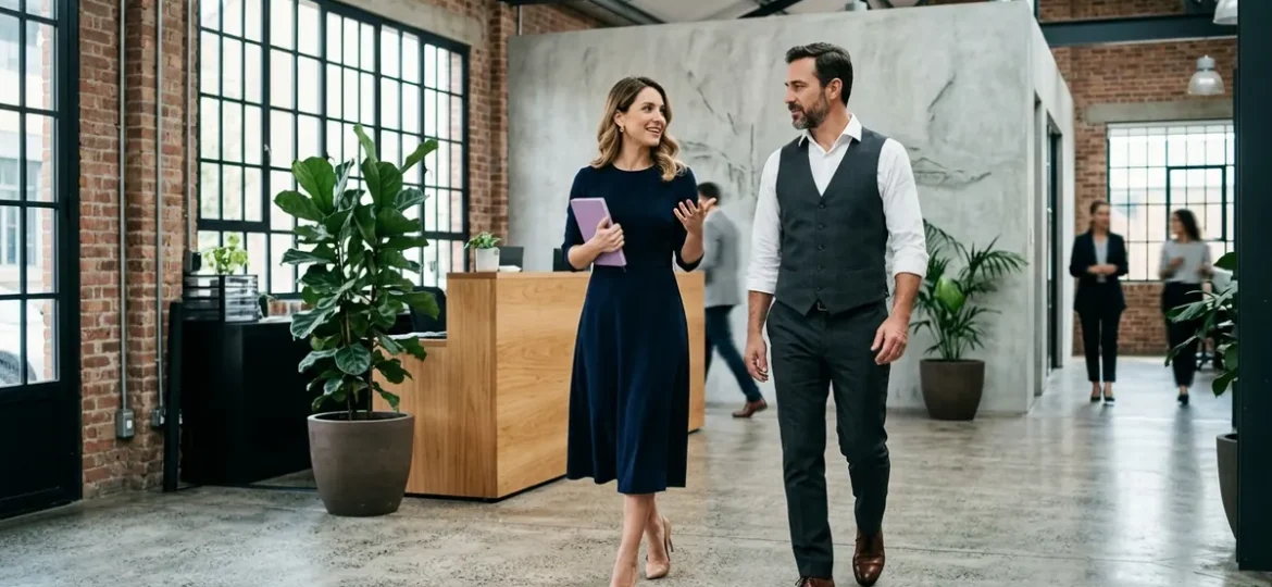 Profesionales inmobiliarios conversando al caminar por una moderna recepción de estilo industrial.