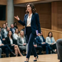 Líder disertando en un auditorio corporativo vestida con blazer sastre, blusa de seda y zapatos de taco fino.