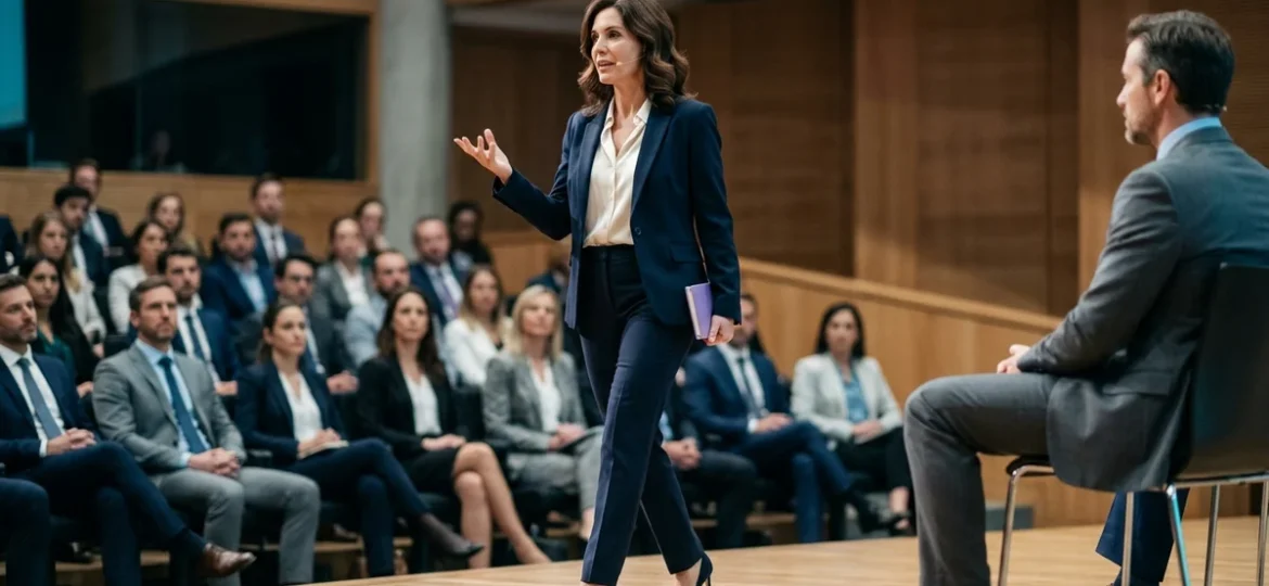 Líder disertando en un auditorio corporativo vestida con blazer sastre, blusa de seda y zapatos de taco fino.