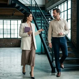 Profesionales conversando en un pasillo estilo loft con pared de ladrillo y piso de cemento pulido.