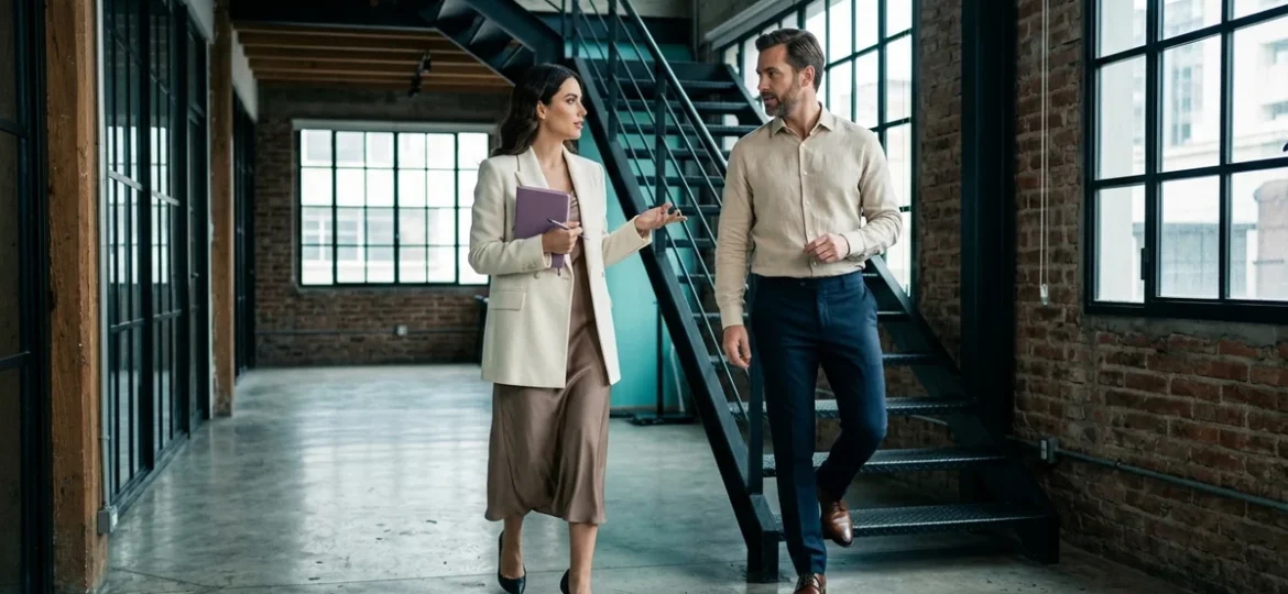 Profesionales conversando en un pasillo estilo loft con pared de ladrillo y piso de cemento pulido.