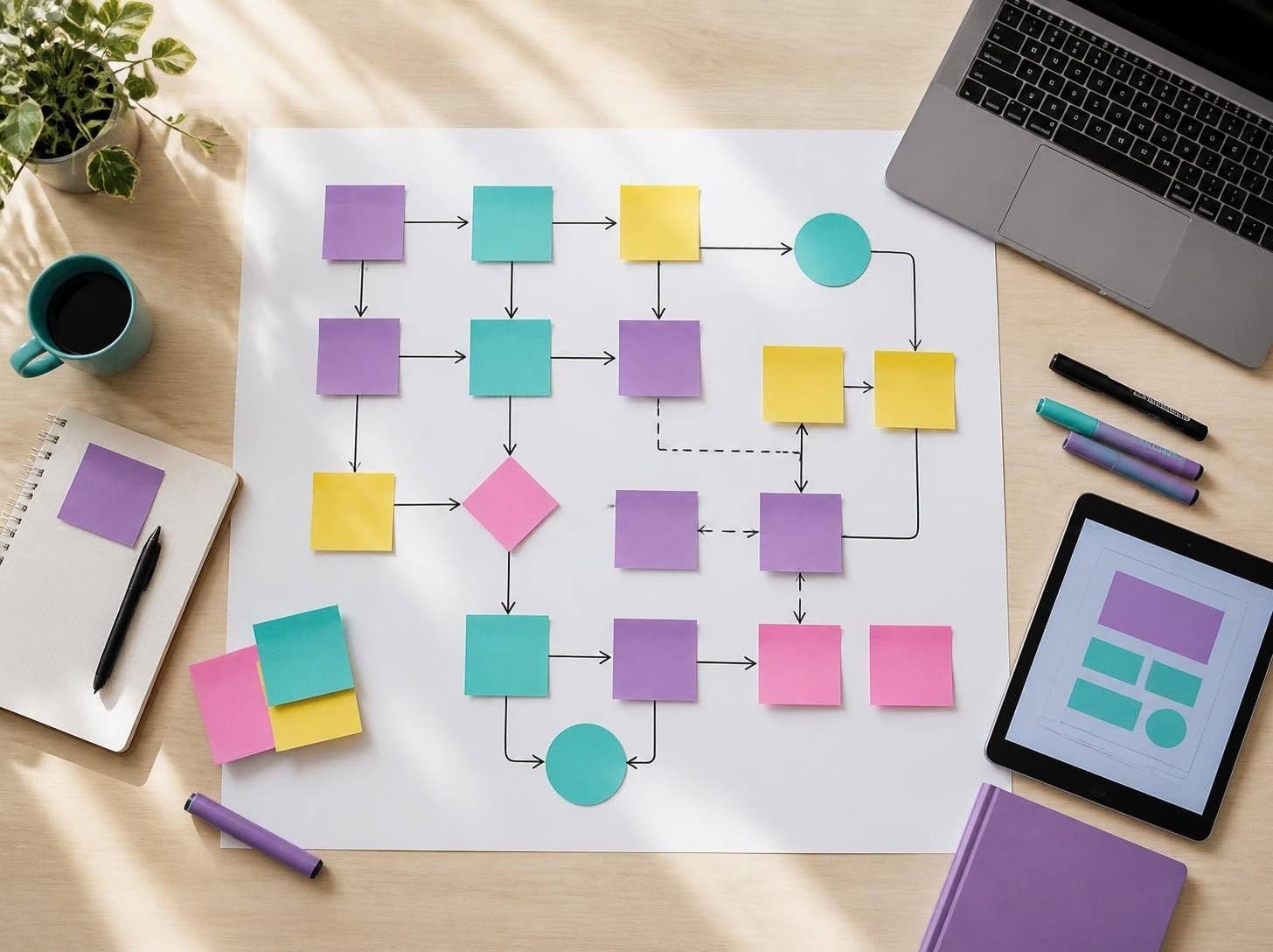 Mapa de procesos con notas adhesivas: consultoría en inteligencia artificial