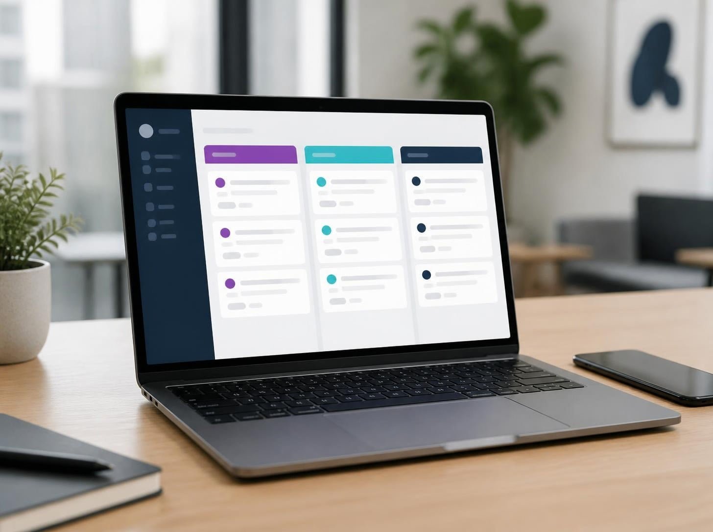 Laptop con embudo de ventas en un CRM