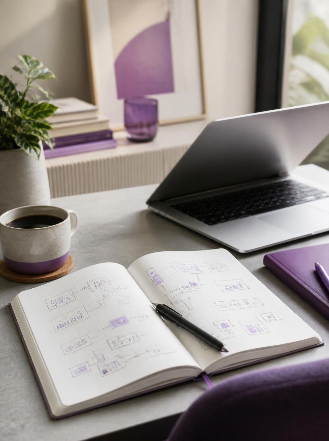 Espacio de trabajo con cuaderno de procesos y laptop