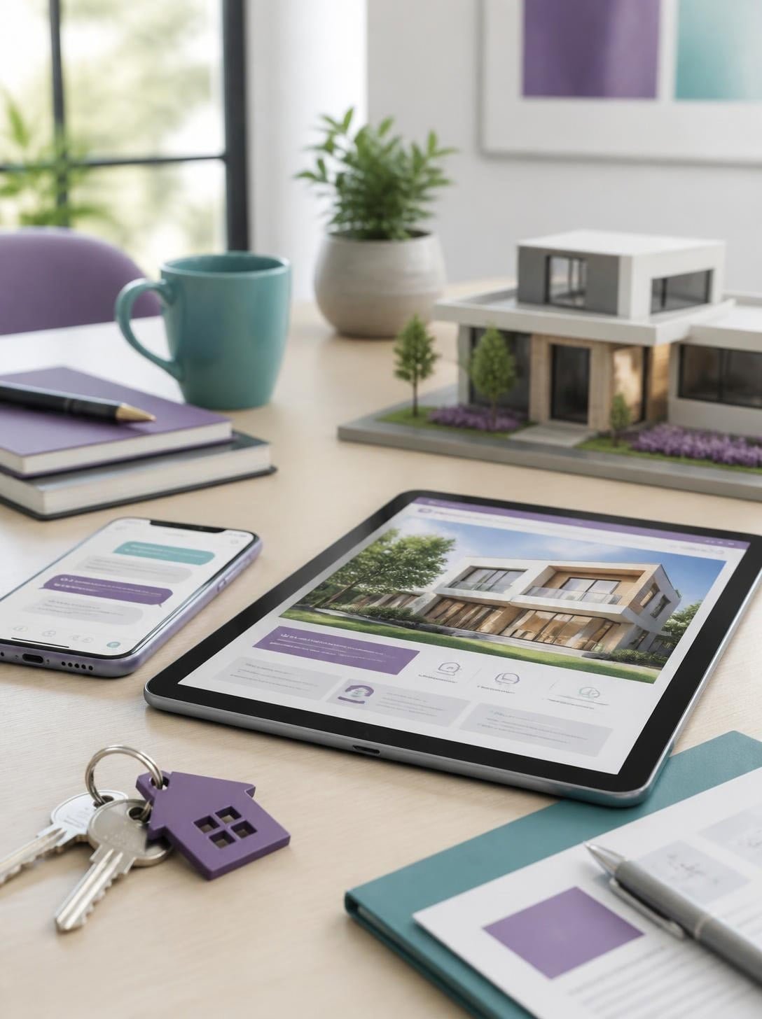 Escritorio inmobiliario con llaves, tablet con propiedad y chat: inmobiliaria híbrida