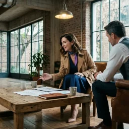 Profesionales debatiendo estrategias en un lounge corporativo con sillones de cuero y lámparas industriales.