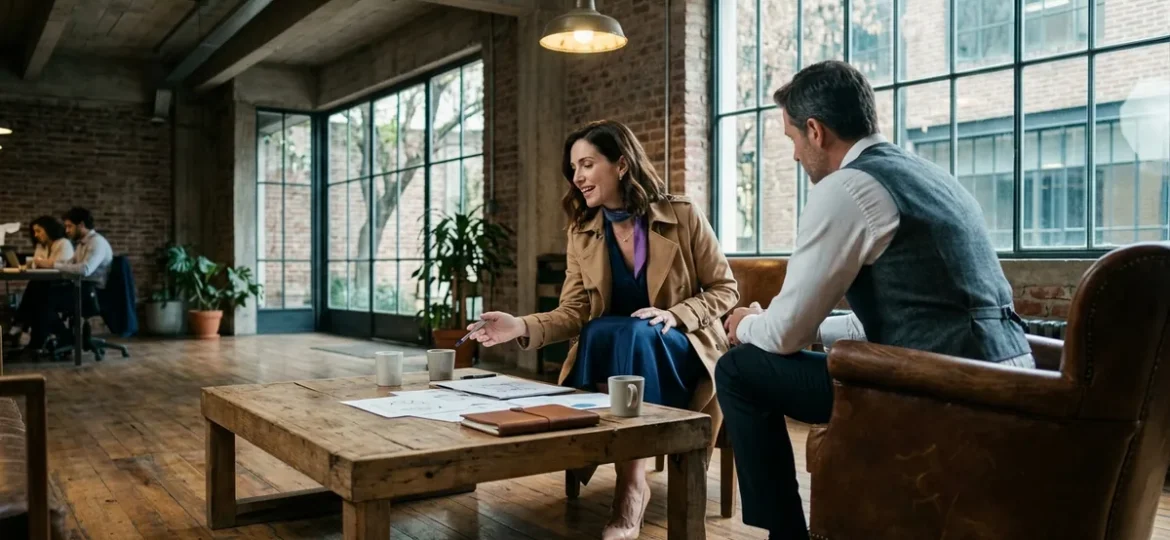 Profesionales debatiendo estrategias en un lounge corporativo con sillones de cuero y lámparas industriales.