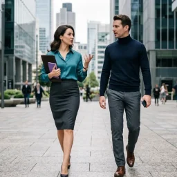 Profesionales conversando con dinamismo al cruzar una plaza urbana moderna entre edificios de vidrio al mediodía.