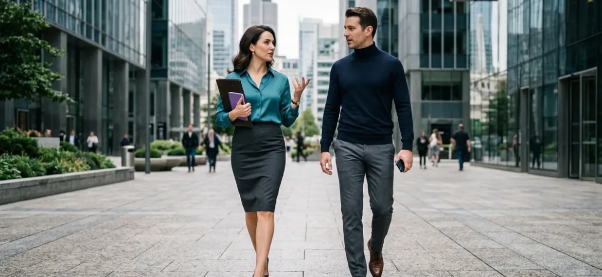 Profesionales conversando con dinamismo al cruzar una plaza urbana moderna entre edificios de vidrio al mediodía.