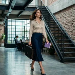Profesional con falda midi y camisa de seda champagne caminando por un pasillo loft con muro de ladrillo y piso pulido.