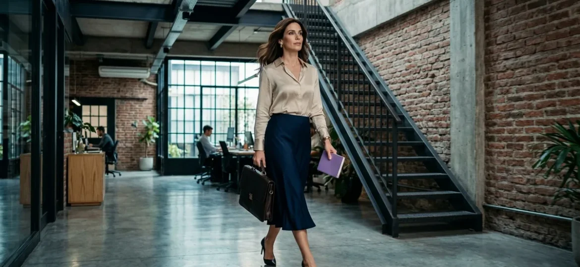 Profesional con falda midi y camisa de seda champagne caminando por un pasillo loft con muro de ladrillo y piso pulido.