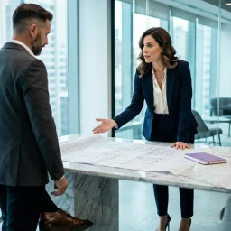 Profesionales inmobiliarios elegantes conversan de pie frente a planos en una moderna sala de reuniones luminosa.