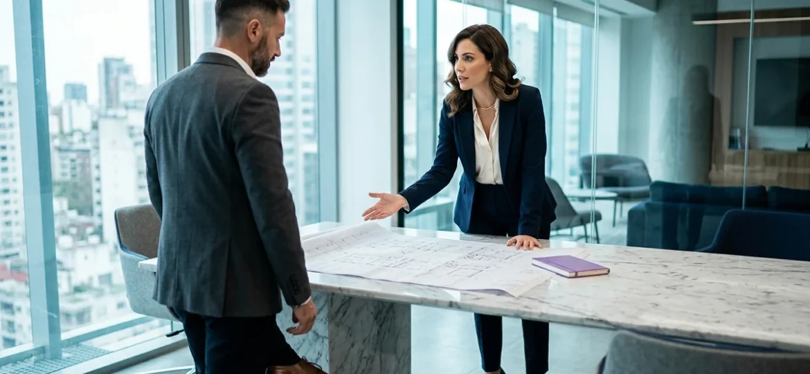 Profesionales inmobiliarios elegantes conversan de pie frente a planos en una moderna sala de reuniones luminosa.