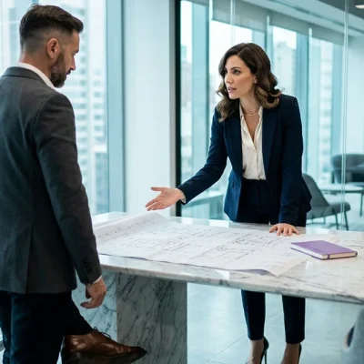 Profesionales inmobiliarios elegantes conversan de pie frente a planos en una moderna sala de reuniones luminosa.