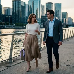 Dos ejecutivos conversan caminando por un paseo costero frente a un skyline de edificios modernos al atardecer.