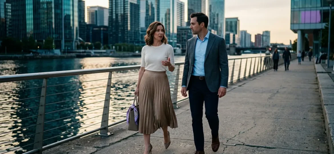 Dos ejecutivos conversan caminando por un paseo costero frente a un skyline de edificios modernos al atardecer.