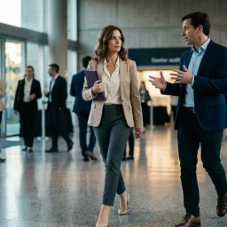 Profesionales elegantes conversando y caminando con paso firme por el foyer iluminado de un auditorio de eventos.