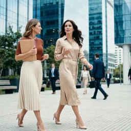 Dos ejecutivas elegantes conversan mientras caminan por una moderna plaza de negocios rodeada de torres vidriadas.