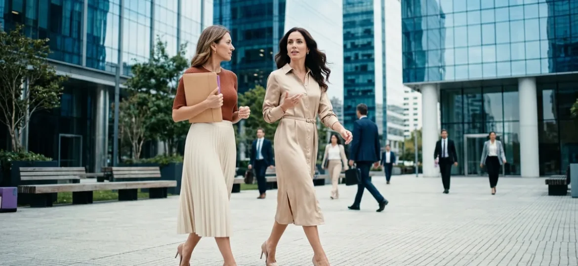 Dos ejecutivas elegantes conversan mientras caminan por una moderna plaza de negocios rodeada de torres vidriadas.
