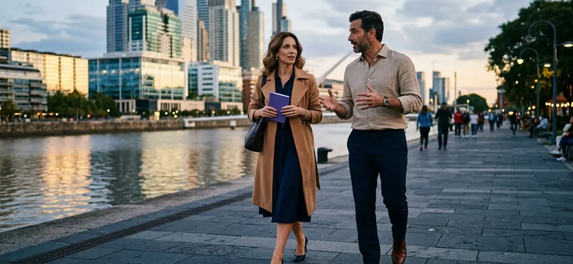 Profesionales caminando por la costanera al atardecer frente a edificios modernos durante una animada conversación.