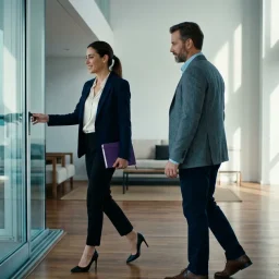 Asesora inmobiliaria y cliente recorren un luminoso departamento moderno de ventanales amplios durante una visita.