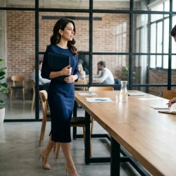 Profesionales en elegante reunión de trabajo debatiendo ideas en una moderna sala de vidrio y madera.