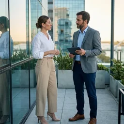 Profesionales conversando en un rooftop al atardecer sobre una propuesta inmobiliaria frente al río y la ciudad.