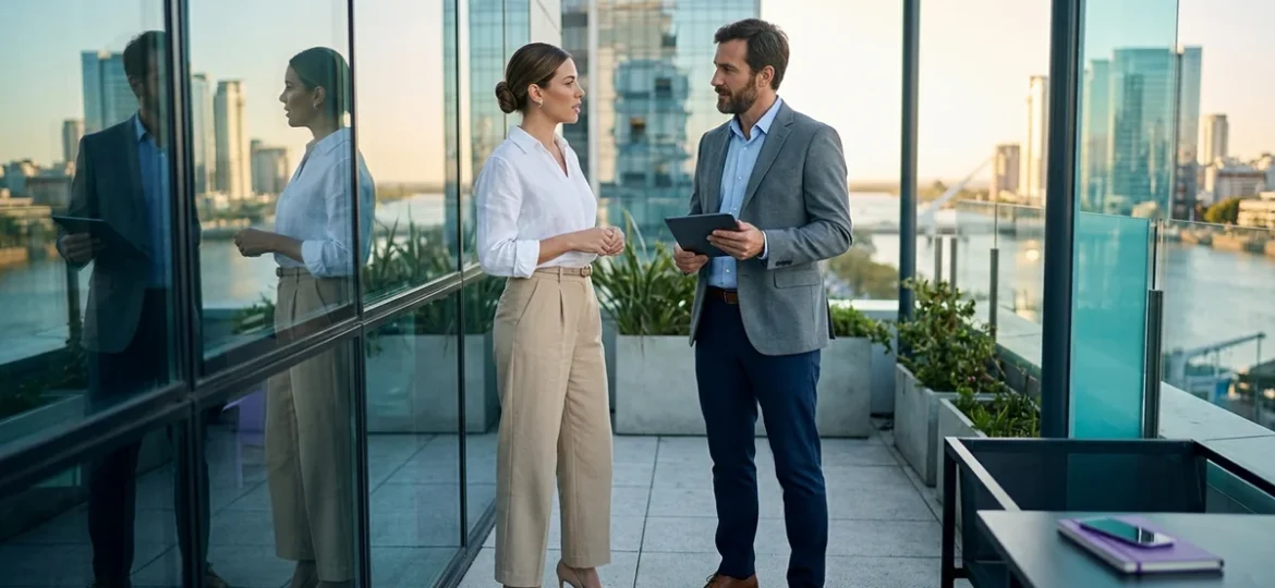Profesionales conversando en un rooftop al atardecer sobre una propuesta inmobiliaria frente al río y la ciudad.
