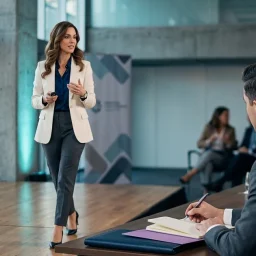 Disertante con blazer marfil y taco fino exponiendo ante empresarios atentos en un salón de conferencias luminoso.